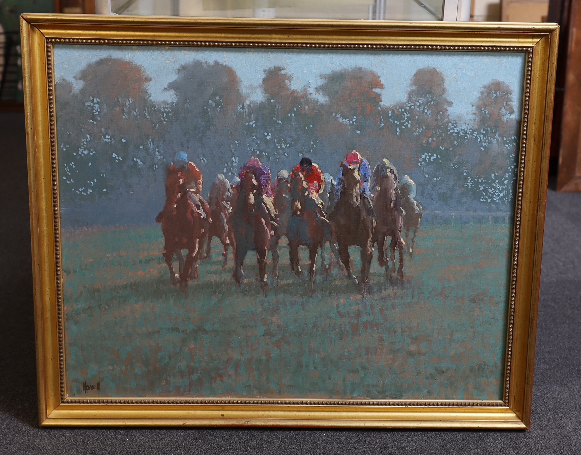 Peter Howell (b.1932), Racehorses on the straight, oil on canvas, 60 x 75cm